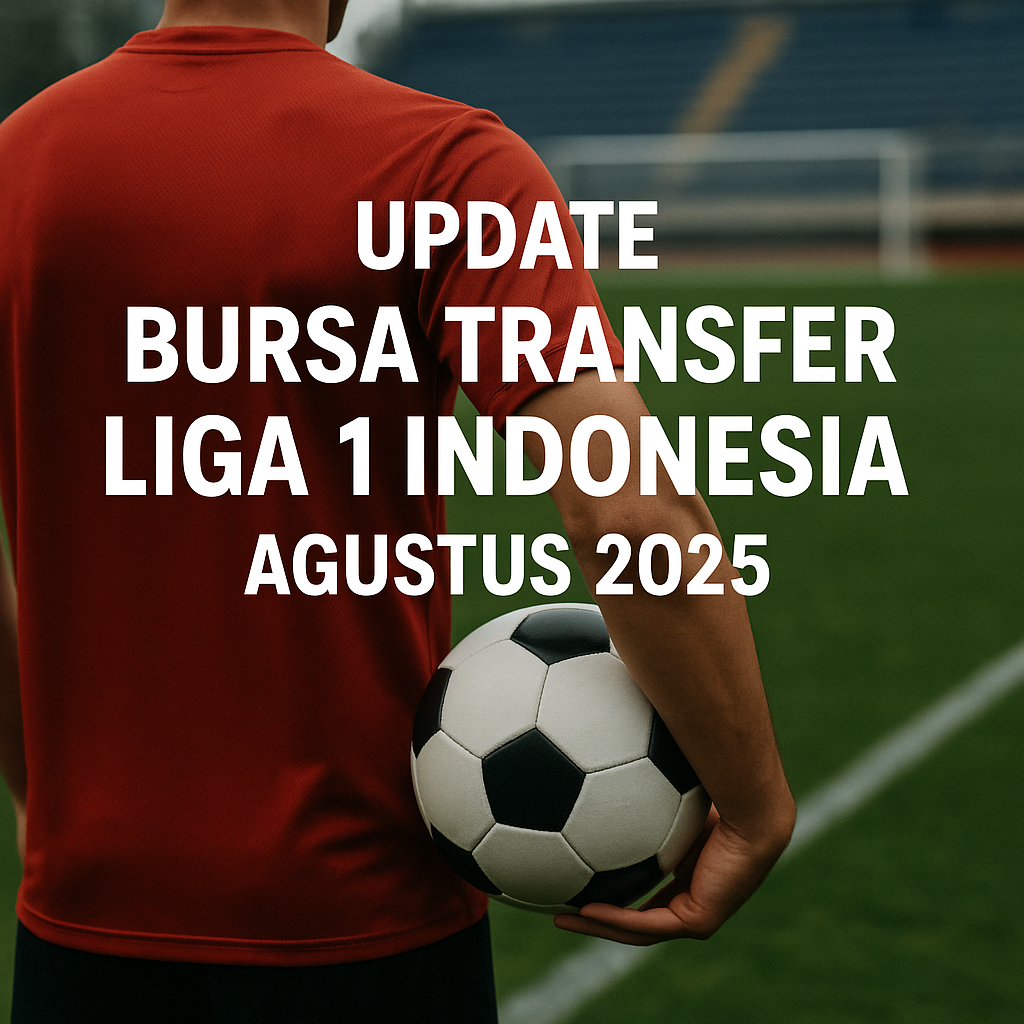 Seorang pemain sepak bola dengan jersey merah memegang bola di pinggir lapangan, dengan latar stadion kosong dan tulisan “Update Bursa Transfer Liga 1 Indonesia Agustus 2025” di bagian tengah gambar.
