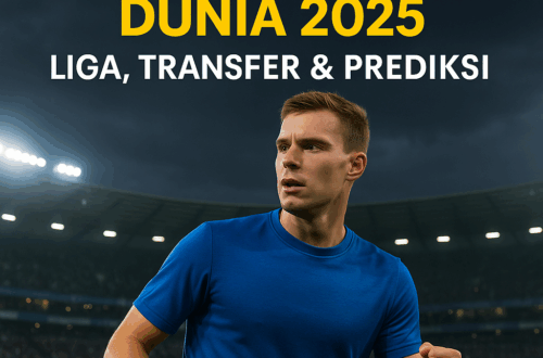 Pemain sepak bola realistis dengan jersey biru netral sedang berlari di lapangan, latar stadion penuh penonton dan lampu sorot malam, disertai teks “Update Sepak Bola Dunia 2025: Liga, Transfer & Prediksi