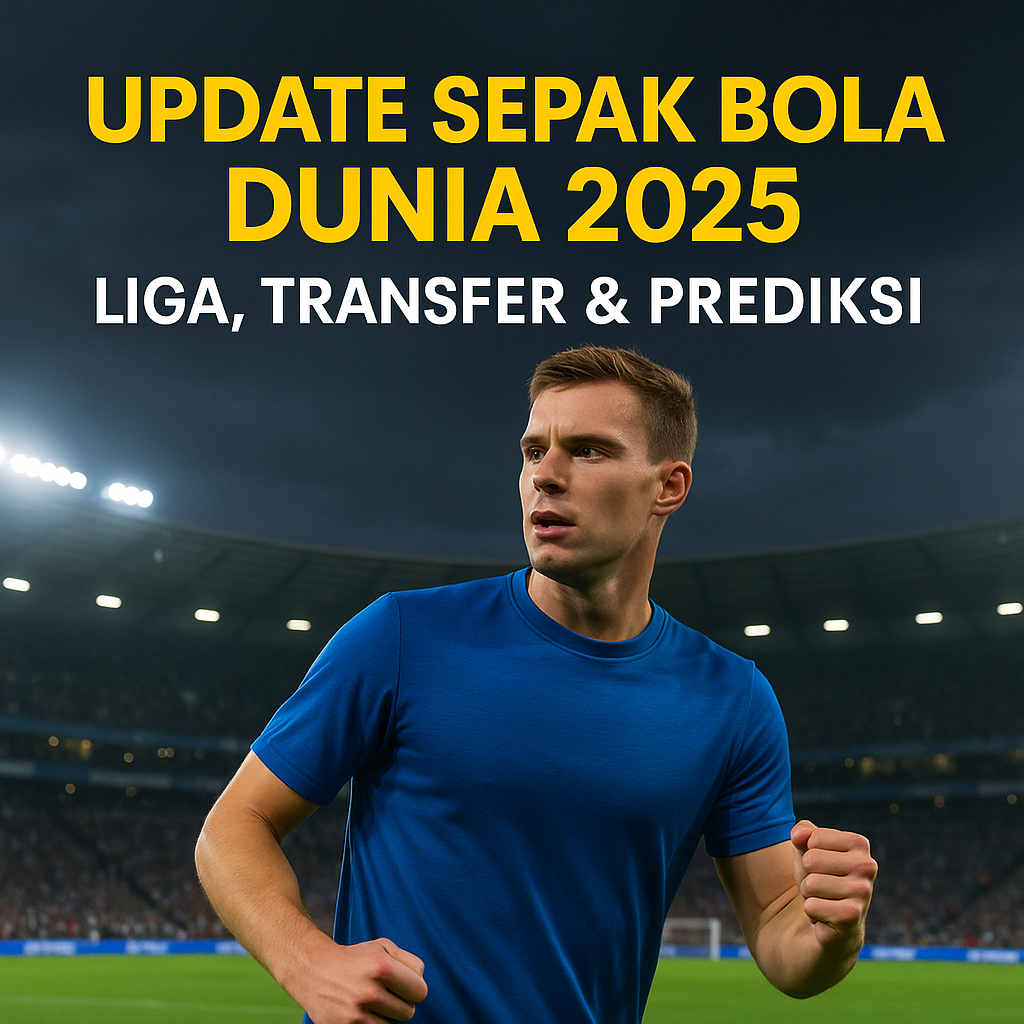 Pemain sepak bola realistis dengan jersey biru netral sedang berlari di lapangan, latar stadion penuh penonton dan lampu sorot malam, disertai teks “Update Sepak Bola Dunia 2025: Liga, Transfer & Prediksi