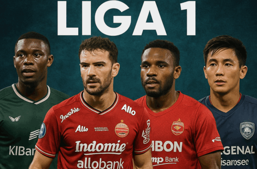 Poster realistis bertema Bursa Transfer Liga 1 Indonesia menampilkan empat pemain terkenal dengan latar stadion bercahaya malam hari dan tulisan “BERITA TRANSFER LIGA 1” di bagian atas.
