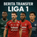 Poster realistis bertema Bursa Transfer Liga 1 Indonesia menampilkan empat pemain terkenal dengan latar stadion bercahaya malam hari dan tulisan “BERITA TRANSFER LIGA 1” di bagian atas.