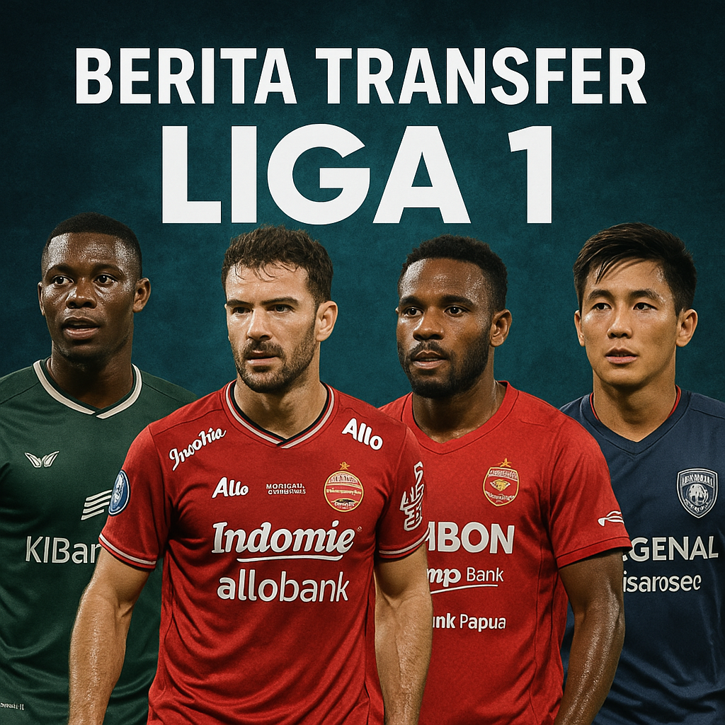Poster realistis bertema Bursa Transfer Liga 1 Indonesia menampilkan empat pemain terkenal dengan latar stadion bercahaya malam hari dan tulisan “BERITA TRANSFER LIGA 1” di bagian atas.