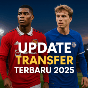 Dua pemain sepak bola dari klub Liga Inggris berdiri di stadion dengan latar senja, mengenakan jersey merah dan biru, dengan tulisan besar “Update Transfer Terbaru 2025” di bagian depan.
