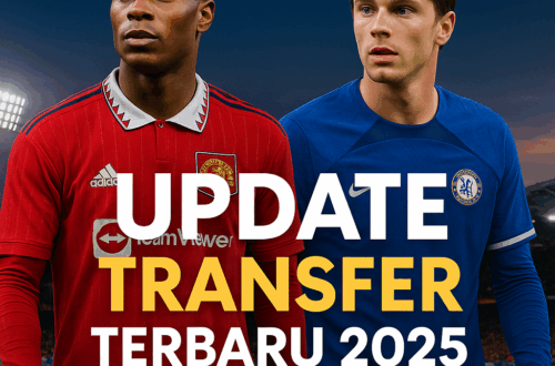 Dua pemain sepak bola dari klub Liga Inggris berdiri di stadion dengan latar senja, mengenakan jersey merah dan biru, dengan tulisan besar “Update Transfer Terbaru 2025” di bagian depan.