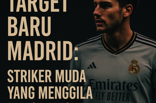 Poster gelap bergaya sepak bola menampilkan striker muda incaran Real Madrid dengan judul Target Baru Madrid