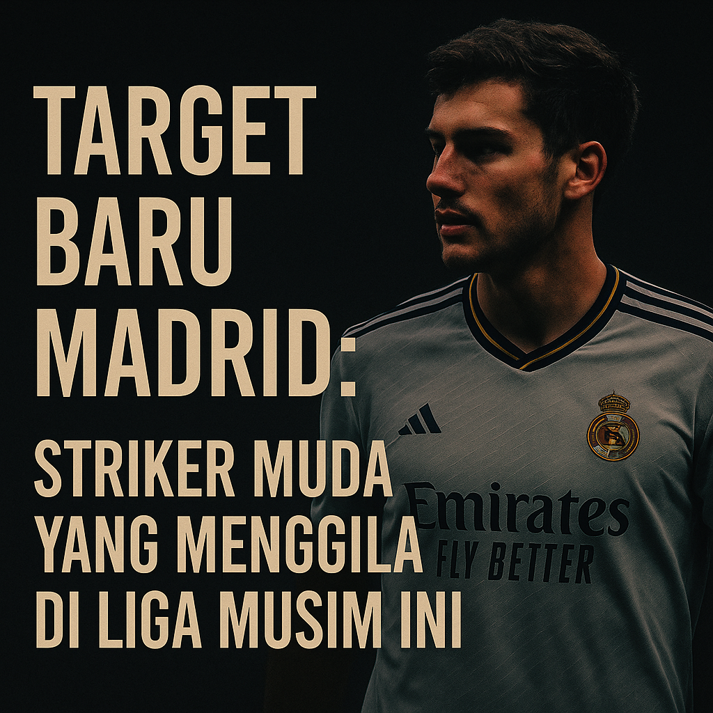 Poster gelap bergaya sepak bola menampilkan striker muda incaran Real Madrid dengan judul Target Baru Madrid